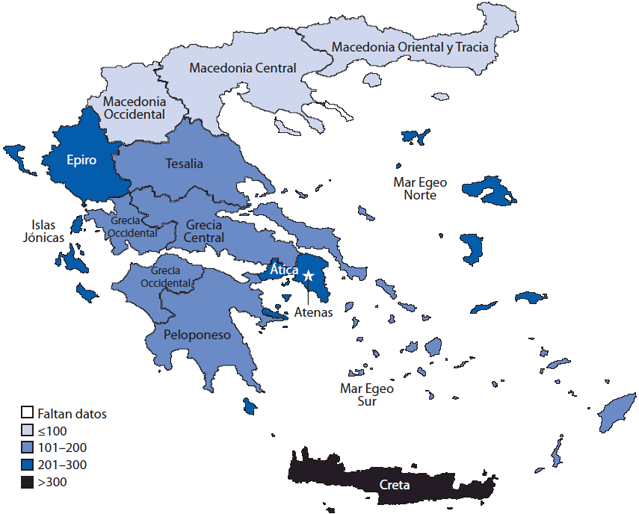 La figura muestra el número de casos de influenza pandémica A (H1N1) 2009 confirmados por laboratorio por 100,000 habitantes en periferia administrativa, del 18 de mayo de 2009 al 28 de febrero de 2010. Entre el 18 de mayo del 2009 y el 28 de febrero del 2010, se reportó un total de 18,075 casos de H1N1 2009 confirmados por laboratorio. Las tasas de enfermedad confirmada por 100,000 habitantes fueron distintas en las 13 periferias administrativas de Grecia.