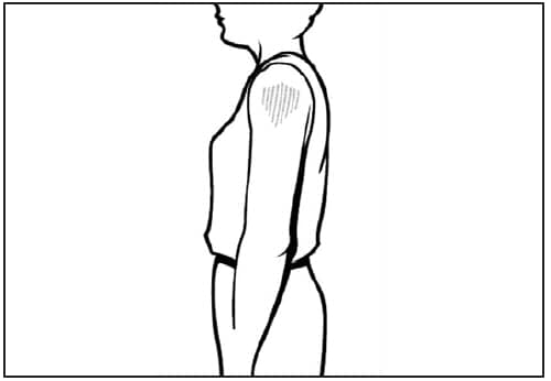 This line drawing is a side view of a child. The deltoid muscle of the arm is shaded, showing the proper site for intramuscular vaccine administration.
