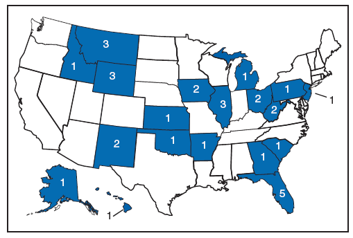 Figure 1 shows a map of the 19 states in which the Adult Tobacco Survey was conducted during 2003-2007 and the number of surveys conducted by each state during those years: Alaska (1), Arkansas (1), Florida (5), Georgia (1), Hawaii (1), Idaho (1), Illinois (3), Kansas (1), Michigan (1), Montana (3), New Jersey (1), New Mexico (2), Ohio (2), Oklahoma (1), Pennsylvania (1), West Virginia (2), South Carolina (1), and Wyoming (3).