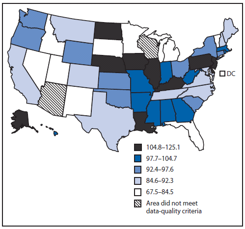 The figure shows state data from CDC’s National Program of Cancer Registries (NPCR) and the National Cancer Surveillance, Epidemiology, and End Results (SEER) program regarding the rate per 100,000 age-adjusted U.S. population of colorectal cancer among U.S. men aged ≥50 years during 2004–2006.