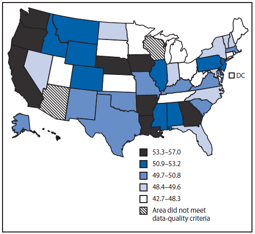 The figure shows state data from CDC’s National Program of Cancer Registries (NPCR) and the National Cancer Surveillance, Epidemiology, and End Results (SEER) program regarding the percentage of colorectal cancers diagnosed at late stage among U.S. men aged ≥50 years during 2004–2006.