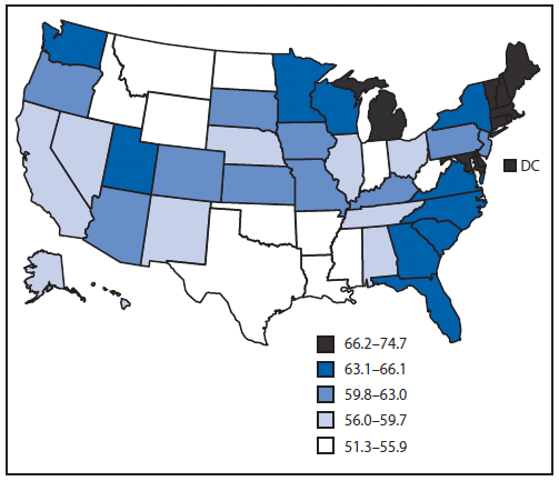 The figure shows state data from the Behavioral Risk Factor Surveillance System for 2008 indicating the percentage of U.S. men aged 50–75 years who had recommended colorectal cancer screening in 2008.