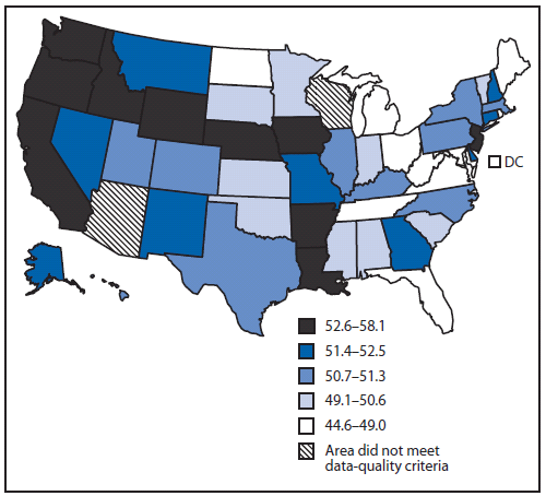 The figure shows state data from CDC’s National Program of Cancer Registries (NPCR) and the National Cancer Surveillance, Epidemiology, and End Results (SEER) program regarding the percentage of colorectal cancers diagnosed at late stage among U.S. women aged ≥50 years during 2004–2006.