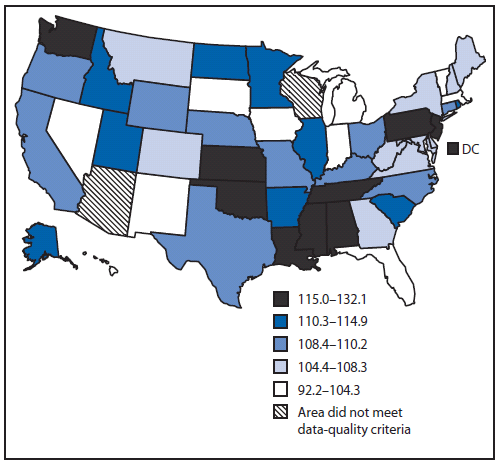 The figure shows state data from CDC’s National Program of Cancer Registries (NPCR) and the National Cancer Surveillance, Epidemiology, and End Results (SEER) program regarding the age-adjusted rate per 100,000 U.S. population of late-stage invasive female breast cancer among U.S. women aged ≥50 years during 2004–2006.