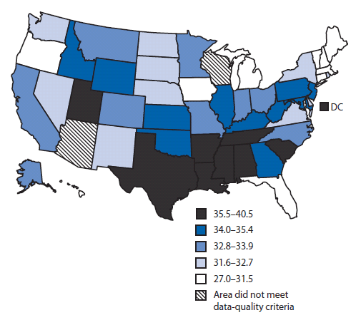 The figure shows state data from CDC’s National Program of Cancer Registries (NPCR) and the National Cancer Surveillance, Epidemiology, and End Results (SEER) program regarding the percentage of breast cancers diagnosed at late stage among U.S. women aged ≥50 years during 2004–2006.
