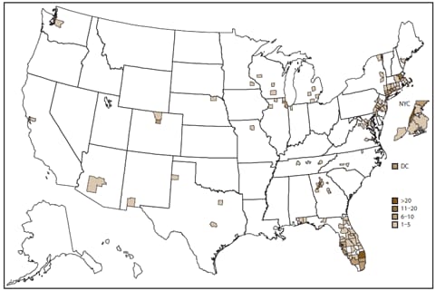 The figure shows a map indicated the counties of residence in the United States for patients with domestically acquired laboratory-confirmed sporadic cases of cyclosporiasis reported for 1997-2008. The majority of cases occurred in the eastern or southeastern regions.
