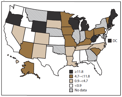 This figure is a U.S. map that shows the rate (i.e., incidence of outbreaks per state, per million population, on the basis of U.S. Census Bureau estimates) of outbreaks of acute gastroenteritis transmitted by person-to-person contact in each state.