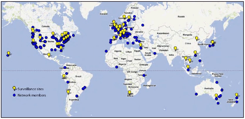 This figure shows a map of the world indicating the locations of 54 GeoSentinel surveillance sites and 235 network members on six continents. The greatest concentration of sites and members is in North America and Western Europe.