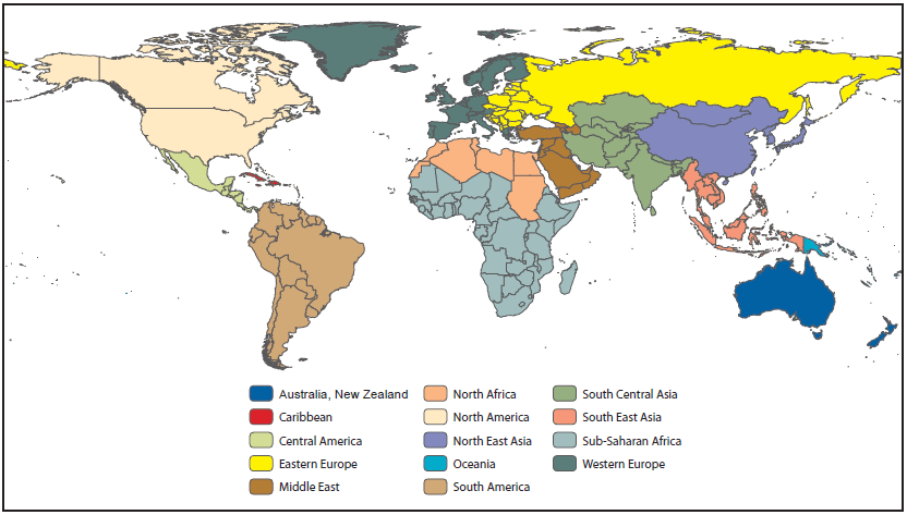 This figure shows a color-coded world map indicating the following GeoSentinel regional groupings: Australia and New Zealand, Caribbean, Central America, Eastern Europe, Middle East, North Africa, North East Asia, Oceania, South America, South Central Asia, South East Asia, Sub-Saharan Africa, and Western Europe.