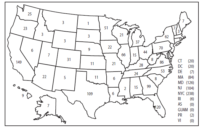 The figure presents a map of the United States that shows the number of malaria cases that occurred in each state and U.S. territory during 2011. 