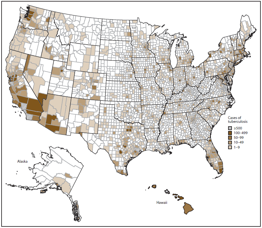The figure is a map of the United States by county showing the number of notifications for suspected tuberculosis classifications from CDC's Electronic Disease Notification system for 2009. Class B tuberculosis was defined as chest radiograph findings consistent with tuberculosis without a positive sputum smear or culture (B1), latent tuberculosis infection (B2), or contact with a person with a case of tuberculosis. Class B1, 1991: chest radiograph findings consistent with active tuberculosis without a positive sputum smear; CDOT: chest radiograph findings consistent with tuberculosis without a positive sputum smear or culture. Class B2, 1991: chest radiograph findings consistent with inactive tuberculosis without a positive smear; 2007: latent tuberculosis infection.