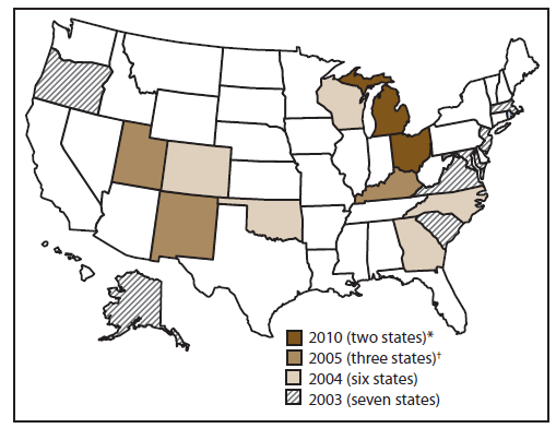 This map of the United States presents the states participating in surveillance of violent death conducted by the National Violent Death Reporting System, by year data collection began during the period 2003-2010. Ohio and Michigan are not included in the analysis because data collection did not begin until 2011. The state of California collected data for four counties during 2005-2008.