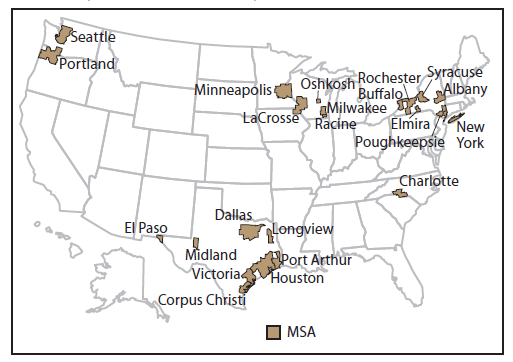 The figure is a map of the United States that shows the metropolitan statistical areas in the top quintile of acute chemical incidents per 100 square miles as reported in the nine states (Iowa, Minnesota, New York, North Carolina, Oregon, Texas, Washington, and Wisconsin) that participated in the Hazardous Substances Emergency Events Surveillance system during 1999-2008.