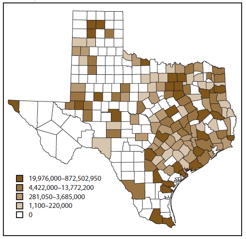 The figure is a map of Texas that shows the distribution by quintile and county of the number of pounds of chemicals onsite that were reported for the state to the Environmental Protection Agency's Toxic Release Inventory in 2003. This figure should be read in conjunction with Figure 4 showing the number of acute chemical incidents by quintile and county for 2003. A strong correlation was found between the number of incidents in a county as shown in Figure 4 and the amount of chemicals stored or used in the county.