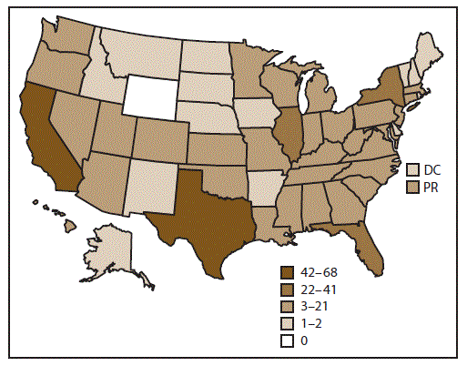 This U.S. map shows the number of assisted reproductive technology clinics in each U.S. state, District of Columbia, and Puerto Rico for 2013. In total, 467 clinics (94% of all clinics) reported data and were included in the figure. Texas and California have the largest numbers of reporting clinics, between 42 and 68, respectively.