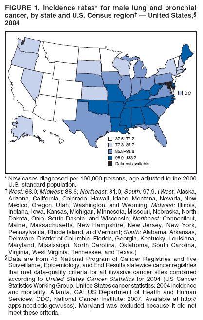 FIGURE 1. Incidence rates* for male lung and bronchial
cancer, by state and U.S. Census region  United States,
2004