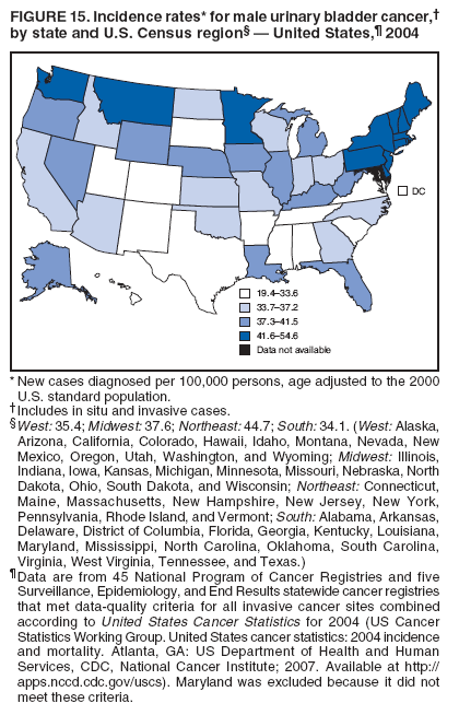 FIGURE 15. Incidence rates* for male urinary bladder cancer,
by state and U.S. Census region  United States, 2004
