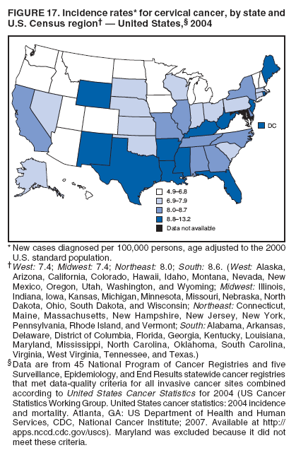 FIGURE 17. Incidence rates* for cervical cancer, by state and
U.S. Census region  United States, 2004