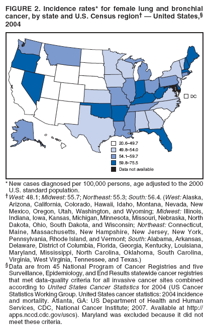FIGURE 2. Incidence rates* for female lung and bronchial
cancer, by state and U.S. Census region  United States,
2004