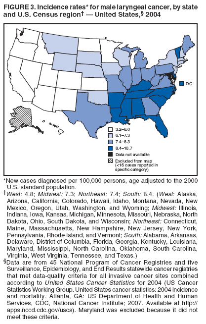 FIGURE 3. Incidence rates* for male laryngeal cancer, by state
and U.S. Census region  United States, 2004
