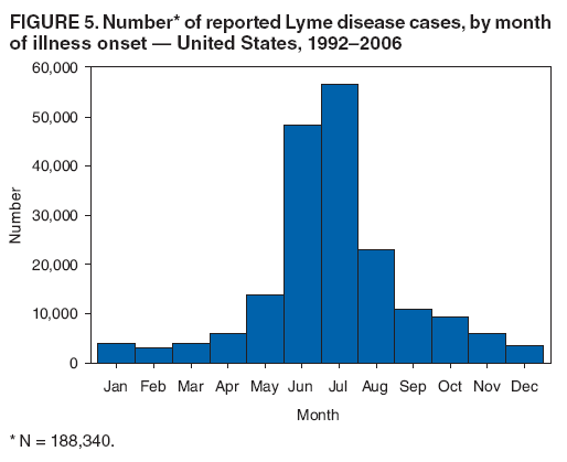 FIGURE 5. Number* of reported Lyme disease cases, by month of illness onset  United States, 19922006