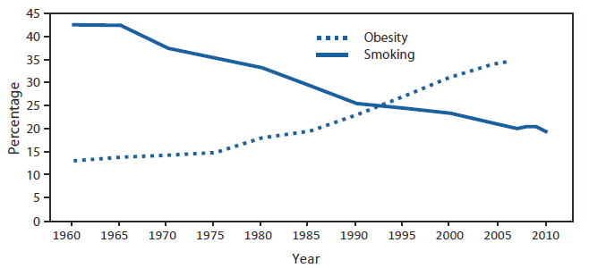 The figure is a line graph that presents trends in smoking and obesity in the United States during 1960-2010.