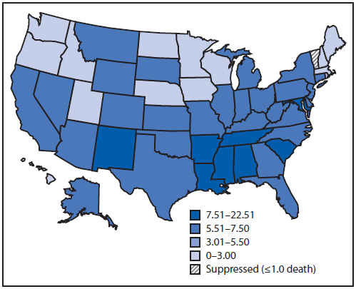 The figure shows a map of the United States indicating the number of homicides per 100,000 population in 2009. Ten states experienced a significant decrease from 2007 to 2009: Arizona (29.3%), California (12.4%), Florida (15.5%), Georgia (19.5%), Idaho (55.6%), Maryland (21.1%), New Jersey (19.3%), North Carolina (19.1%), Ohio (15.5%), and Pennsylvania (13.9%).