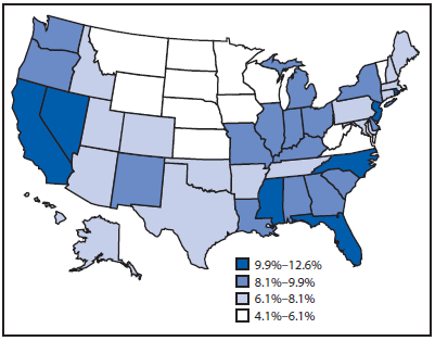 The figure is a United States map that presents the prevalence of unemployment by state among women aged 18-64 years.