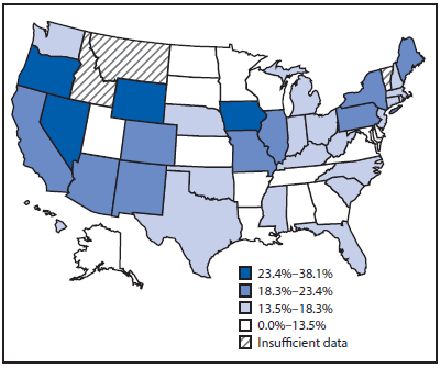 The figure is a United States map that presents the prevalence of unemployment by state among non-Hispanic blacks aged 18-64 years.