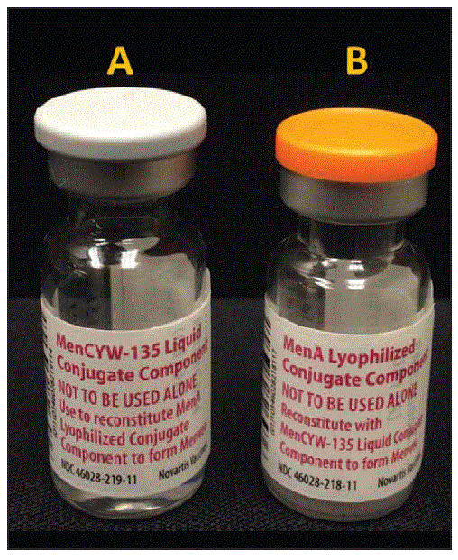 The figure above is a photograph showing labels for the two components of Menveo conjugate meningococcal vaccine, liquid MenCYW-135 (A) and lyophilized MenA (B), both indicating that neither component is to be used alone.