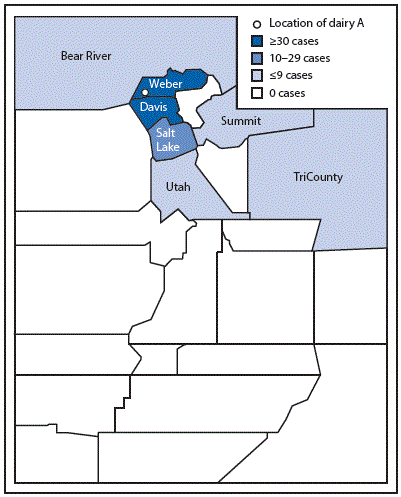 The figure above is a map showing the location of dairy A and distribution of Campylobacter jejuni cases, by local health department district, in Utah during Mayâ€“November 2014.