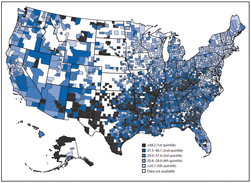 The figure above is a map showing births per 1,000 females aged 15–19 years, by county of residence, in the United States during 2013–2014.