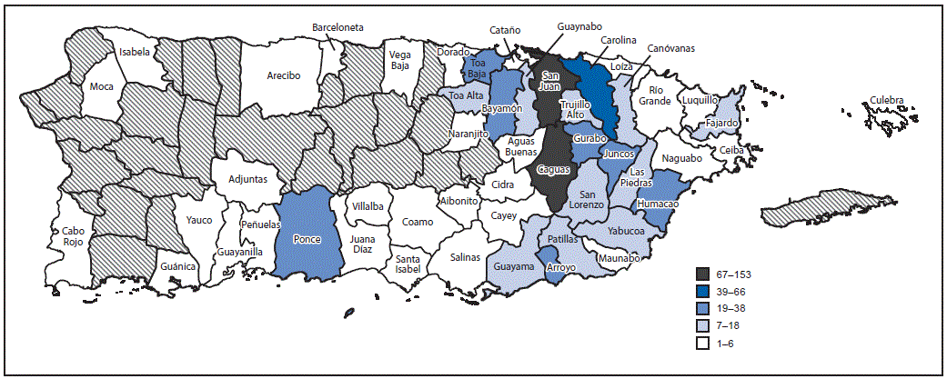 m6517e2f2.gif The figure above is a map of Puerto Rico showing the geographic distribution of residence of persons with Zika virus disease (n = 679), by municipality, during November 1, 2015–April 14, 2016