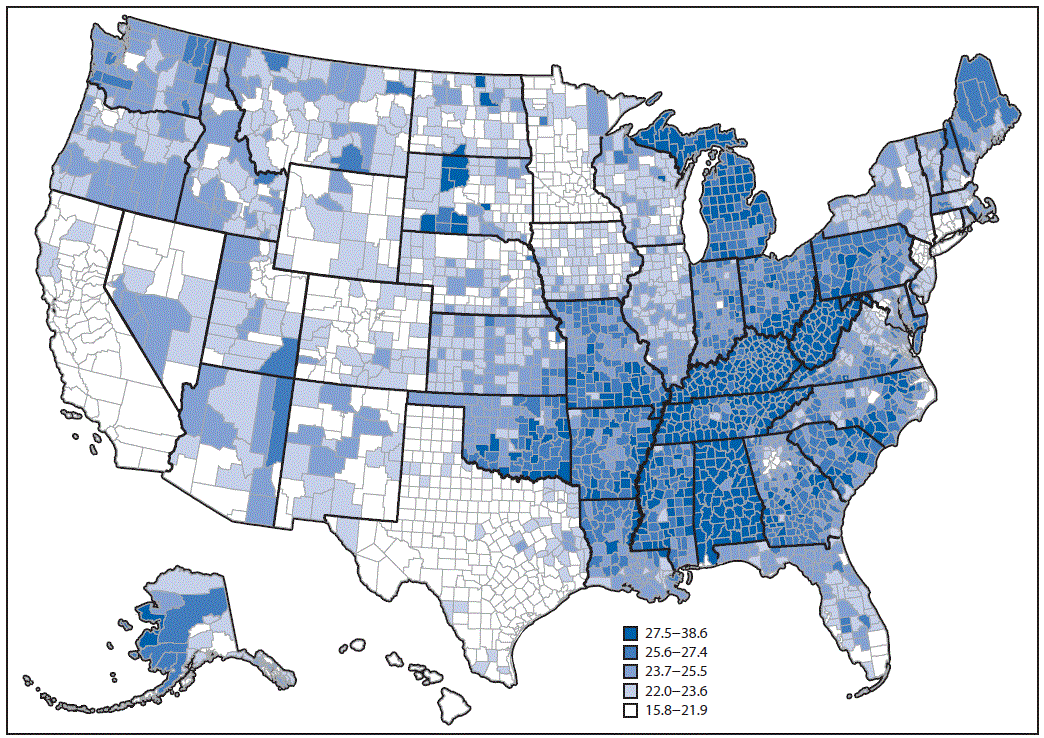 The figure above is a map of the United States showing age-standardized, model-predicted estimates of the percentage of adults with doctor-diagnosed arthritis, by county.