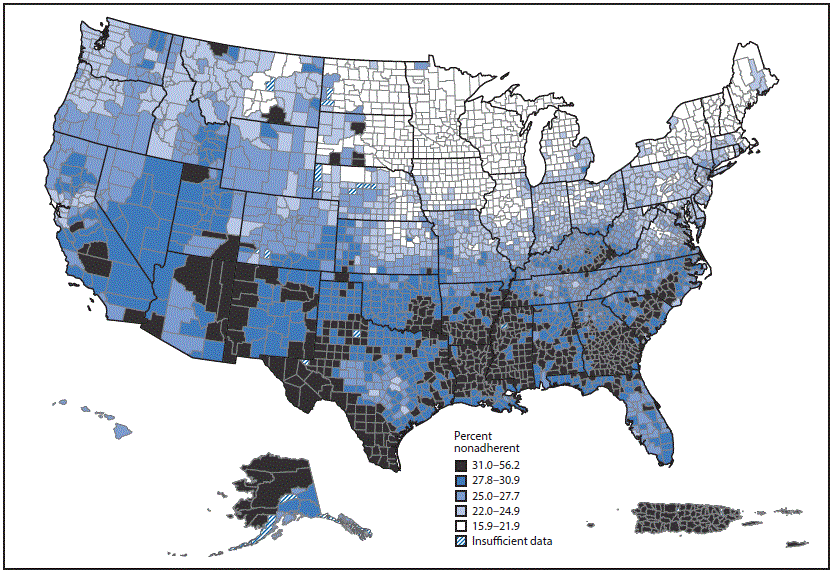 The figure above is a map showing antihypertensive medication nonadherence among Medicare Part D beneficiaries aged ≥65 years, by county, in the United States, Puerto Rico, and U.S. Virgin Islands during 2014.