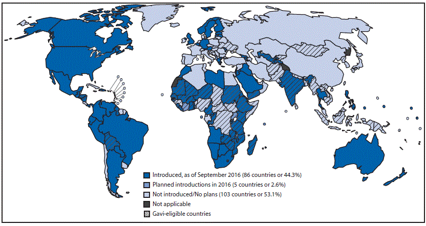 The figure above is a map of the world showing countries with current or planned use of rotavirus vaccine in the national immunization program, as of September 2016.