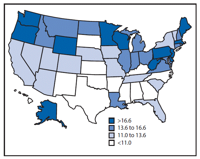 The figure above is a map of the United States showing malignant mesothelioma annualized age-adjusted death rate per 1 million population aged â‰¥25 years, by state, during 1999â€“2015.