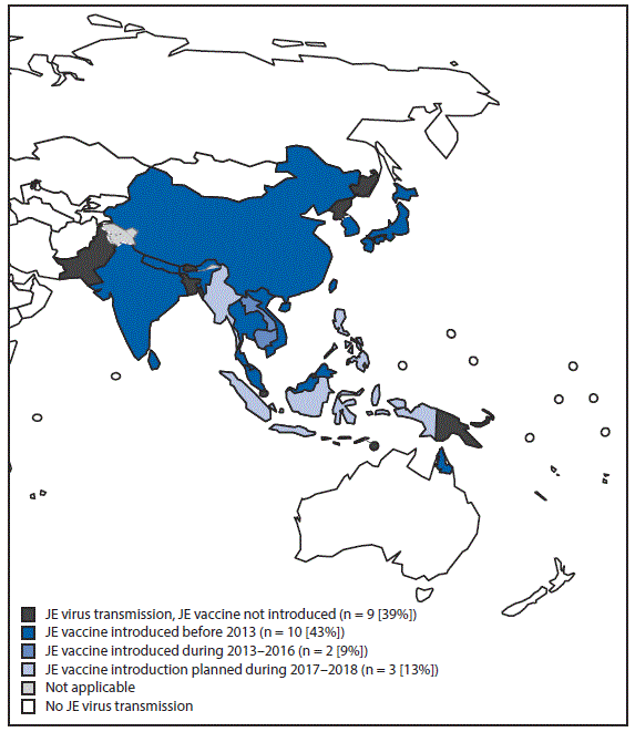The figure above is a map showing areas with risk for Japanese encephalitis (JE) virus transmission and JE vaccine introduction in 24 countries in Asia and the Western Pacific Region in 2016.