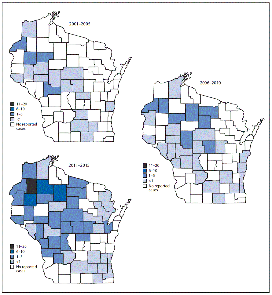 The figure above is a series of three maps of Wisconsin showing the geographic distribution of confirmed cases of babesiosis per 100,000 residents by county of residence during 2001–2005, 2006–2010, and 2011–2015.