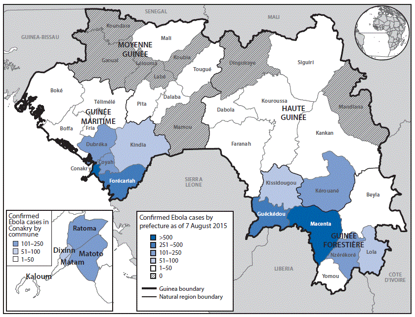 The figure above is a map of Guinea showing the cumulative number of confirmed cases of Ebola virus disease, by natural region and administrative prefecture, as of August 7, 2015.