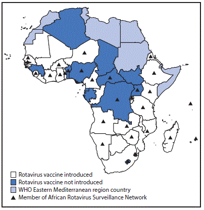The figure above is a map of the World Health Organization African Region, showing which countries had introduced or not introduced rotavirus vaccine as of 2016, and which countries were members of the African Rotavirus Surveillance Network.