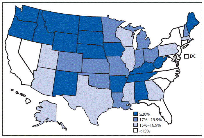 The figure above is a map showing that overall, 15.9% of U.S. adults aged ≥18 years had any hearing loss during 2014–2016. The prevalence of any hearing loss was lowest in New Jersey (10.6%), Connecticut (11.0%), Maryland (11.0%), California (12.3%), New York (12.6%), and the District of Columbia (8.6%). The prevalence of any hearing loss was highest in West Virginia (24.7%), Oregon (24.6%), Montana (23.8%), Idaho (23.1%), and Wyoming (22.3%).