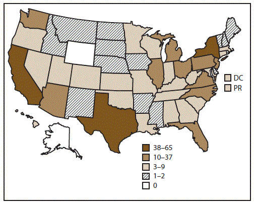 Map of United States shows the number and location of clinics providing assisted reproductive technology procedures. In 2015, 464 of 499 clinics (93%) in the United States, the District of Columbia, and Puerto Rico provided data to CDC.