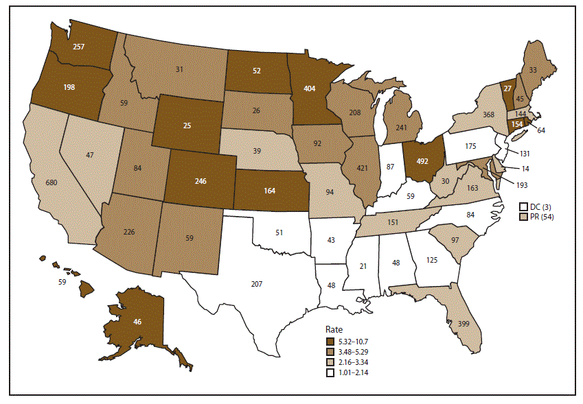 The figure above is a map of the United States showing the rate of foodborne disease outbreaks per 1 million population and the number of outbreaks, by state, for 2009–2015 as reported to CDC’s Foodborne Disease Outbreak Surveillance System.