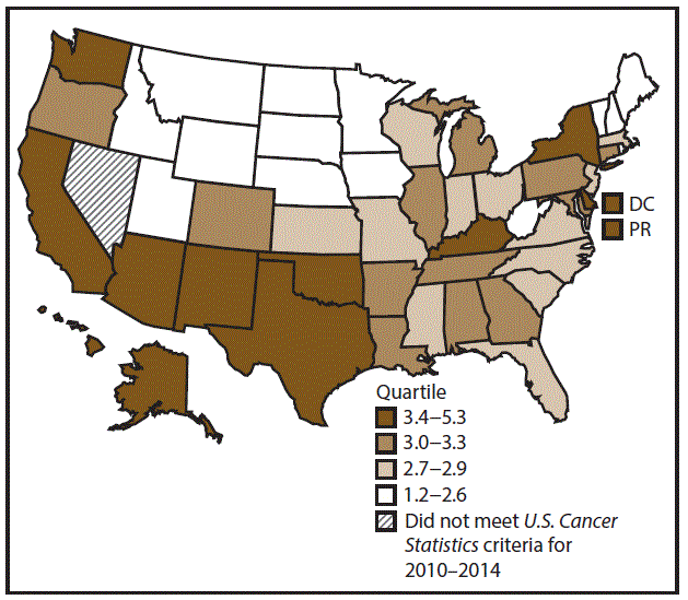 This figure is a U.S. map showing the incidence rates for female liver cancer for 2010–2014.