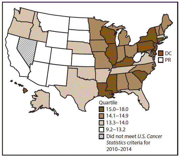 This figure is a U.S. map showing the incidence rates for male pancreatic cancer for 2010–2014.