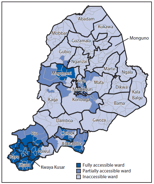The figure above is a map of Nigeria showing the accessibility of local government areas, by ward, to polio eradication program personnel in the country’s Borno State in September 2015.