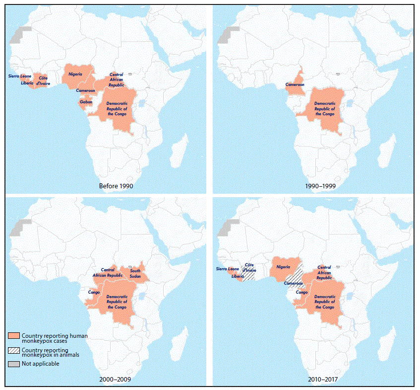The figure above is a series of maps of Africa showing the countries in West and Central Africa reporting monkeypox cases in human and animals during 1970–2017, current as of February 25, 2018.