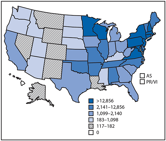 The figure above is a map of the United States showing reported cases of tickborne disease in U.S. states and territories during 2004–2016.