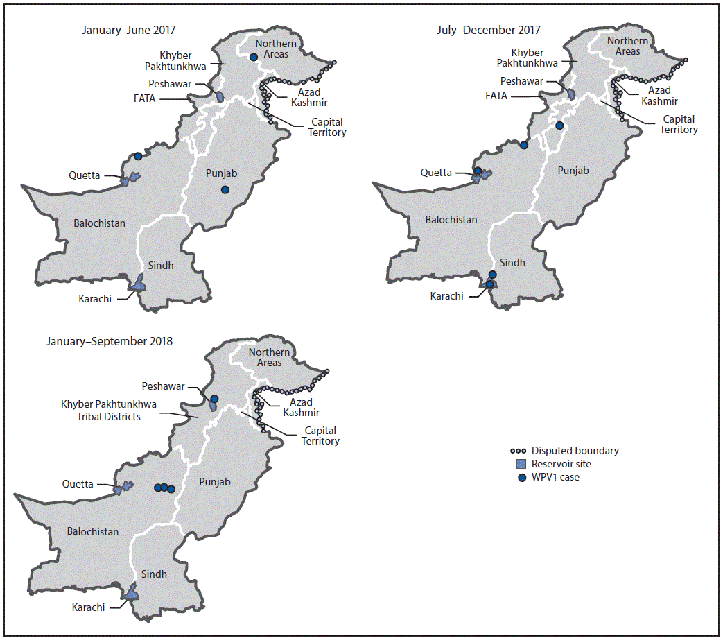 The figure consists of three maps of Pakistan showing the location of cases of wild poliovirus type 1 during the periods January–June 2017, July–December 2017, and January–September 2018.